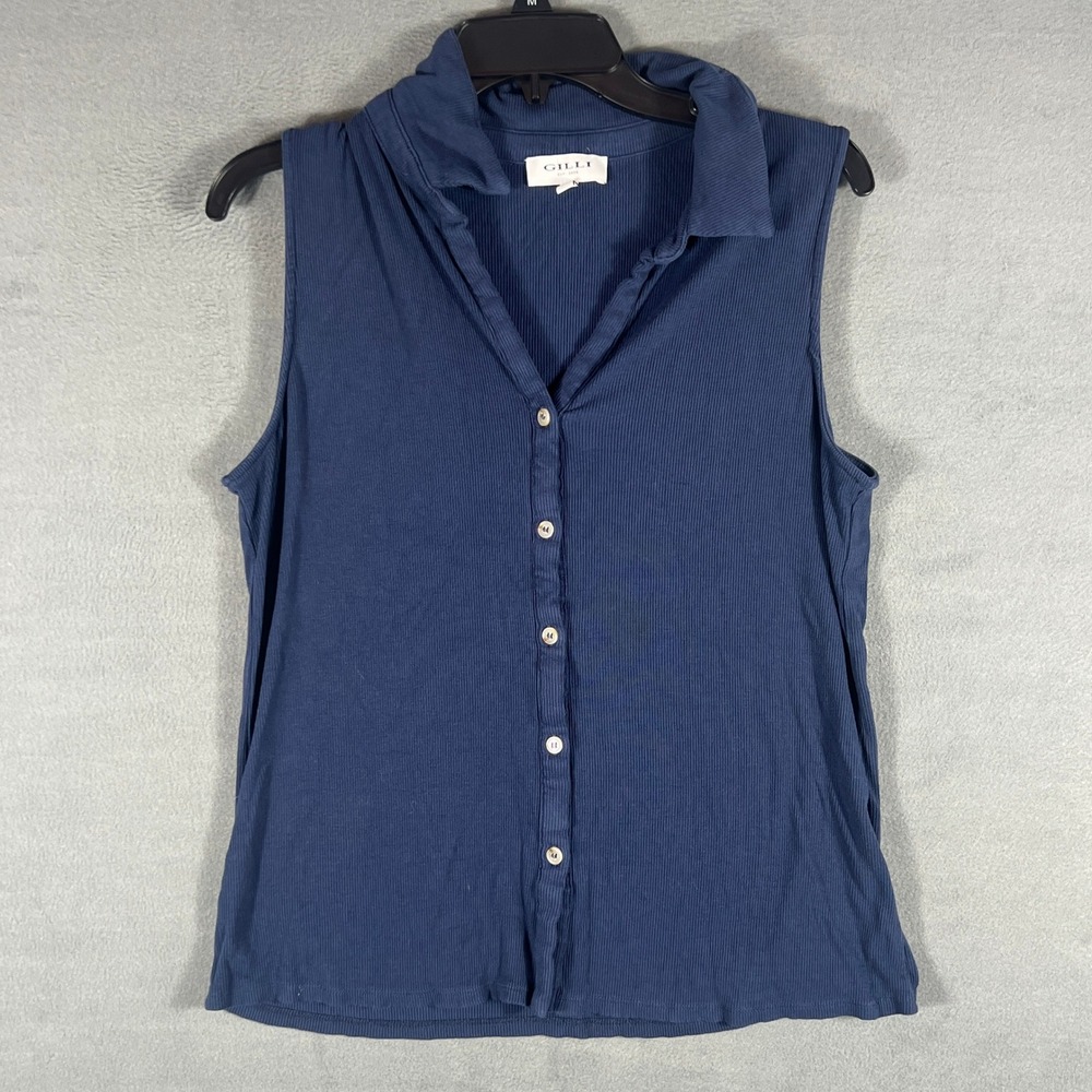 Gilli Womens Tank Top L Blue Ribbed Fitted Sleeveless Button Front Collared Neck